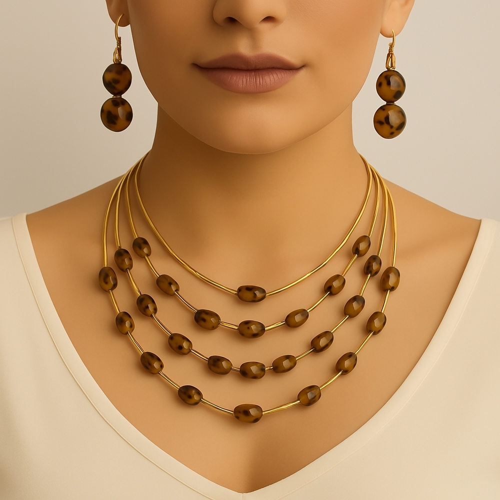 Women’s Gold Necklace & Earrings Set – Colorful Beads Illusion Fashion Jewelry